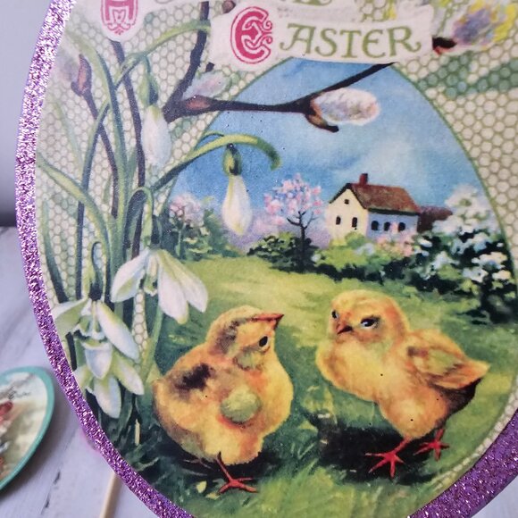 Shabby chic vintage style Easter egg sign glitter rabbit chicken girl unique set - Picture 8 of 10